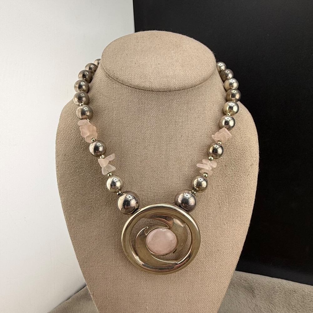 Vintage Dauplaise Necklace Beaded Silver Tone Polished Stone 16"